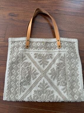 Neutral woven carpet Tote Bag with Tan Leather Handles